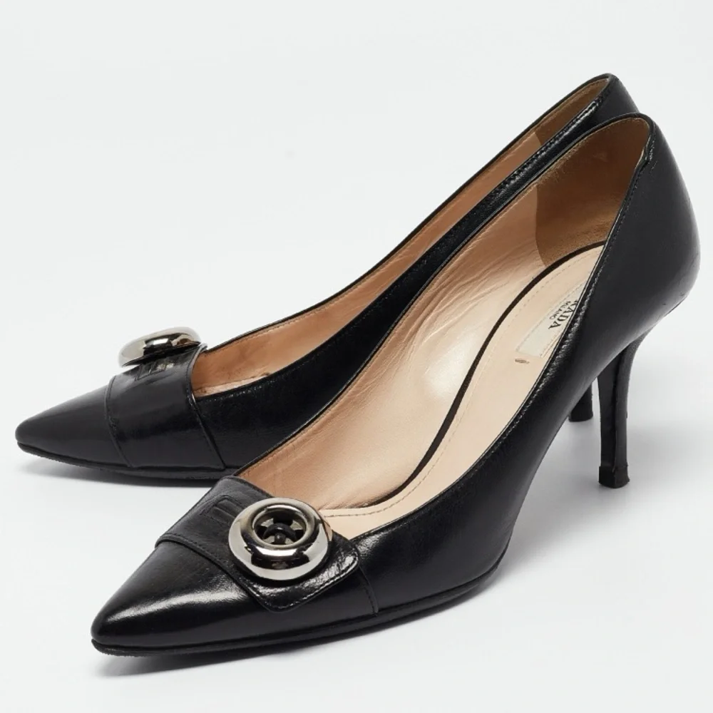 PRADA Black Leather Pointed Toe Button Accent Pumps Heels Shoes Size 38